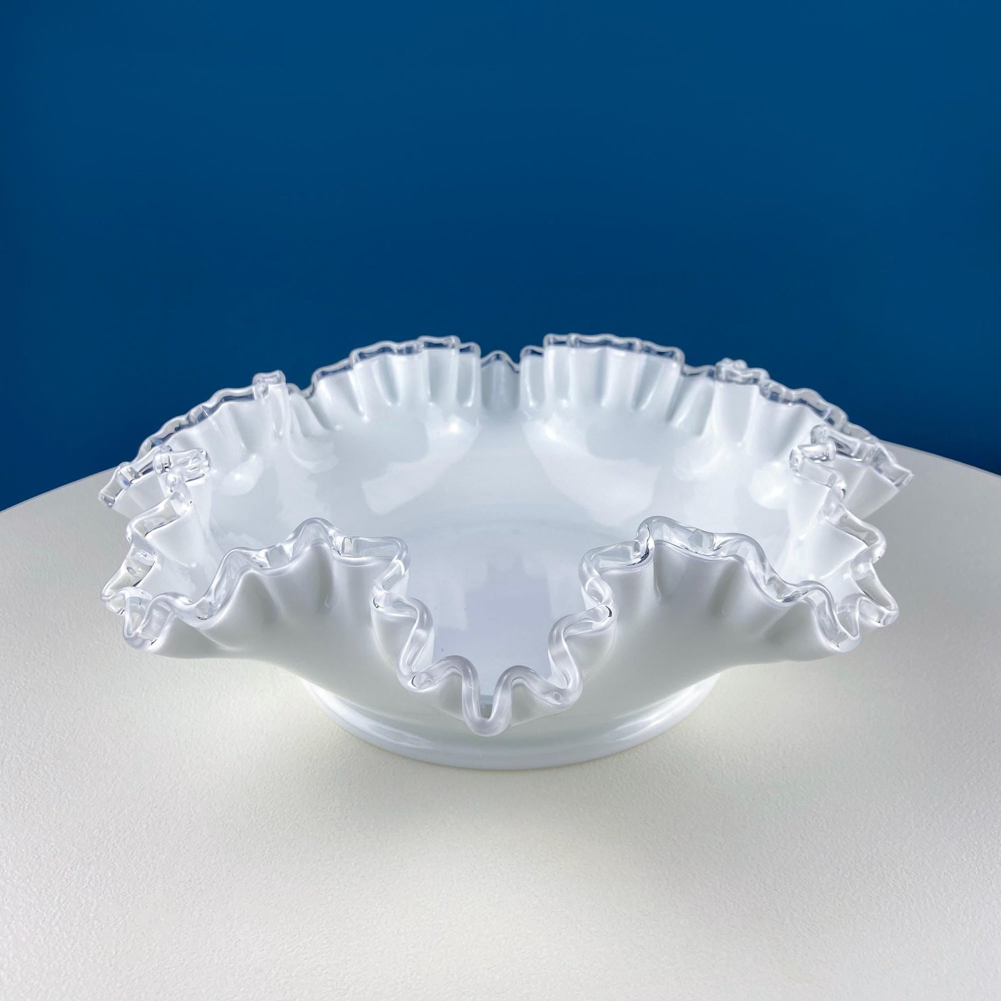 Large Silvercrest Bowl with Ruffled Edge. White Glass Fruit Bowl or Serving Dish with Clear Brim. Table Centerpiece. Wedding Gift. - Tampa Home & Garden Store
