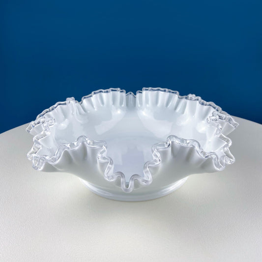 Large Silvercrest Bowl with Ruffled Edge. White Glass Fruit Bowl or Serving Dish with Clear Brim. Table Centerpiece. Wedding Gift. - Tampa Home & Garden Store