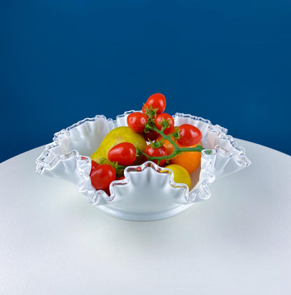Large Silvercrest Bowl with Ruffled Edge. White Glass Fruit Bowl or Serving Dish with Clear Brim. Table Centerpiece. Wedding Gift. - Tampa Home & Garden Store