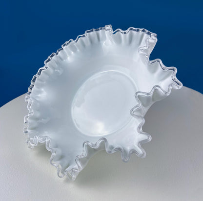 Large Silvercrest Bowl with Ruffled Edge. White Glass Fruit Bowl or Serving Dish with Clear Brim. Table Centerpiece. Wedding Gift. - Tampa Home & Garden Store