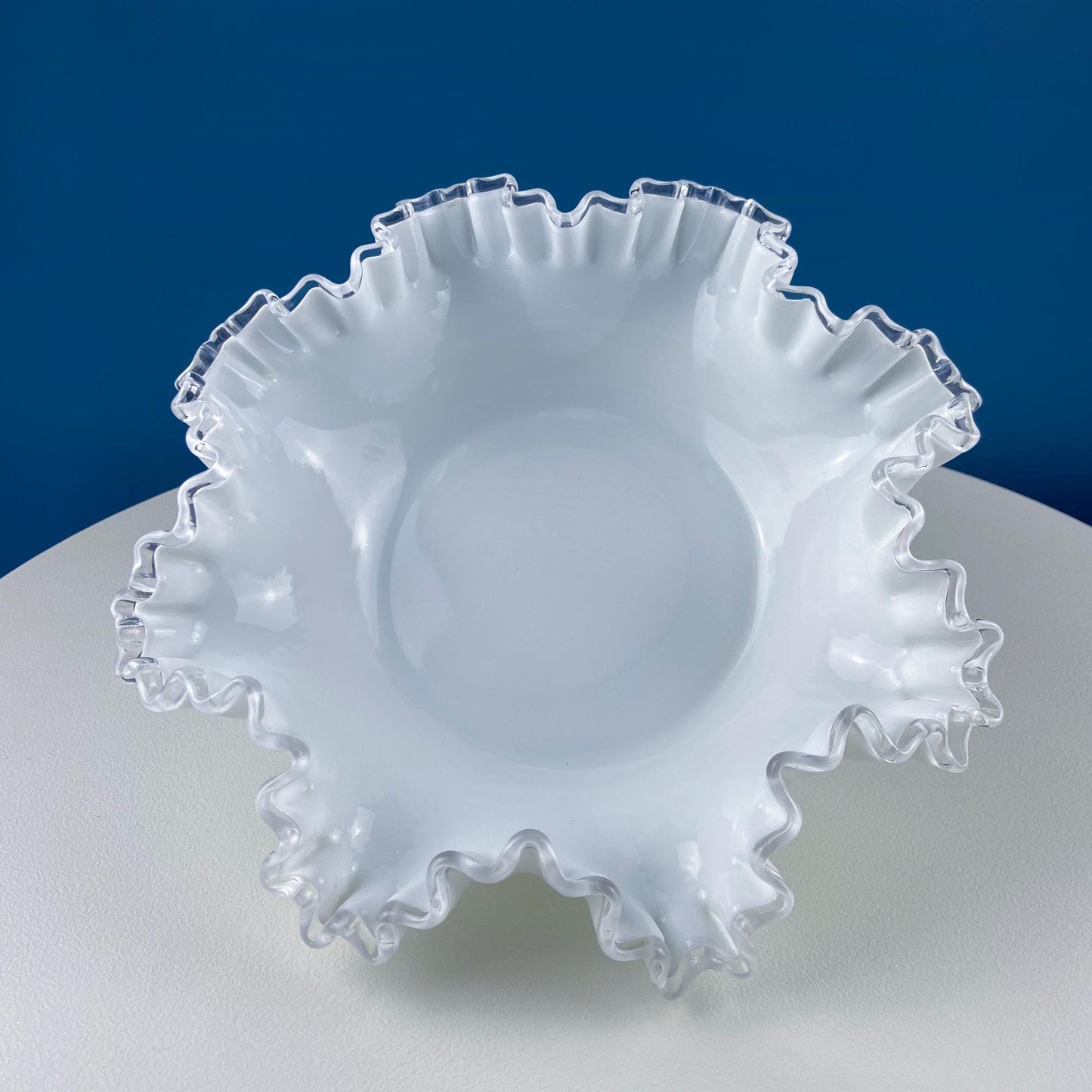 Large Silvercrest Bowl with Ruffled Edge. White Glass Fruit Bowl or Serving Dish with Clear Brim. Table Centerpiece. Wedding Gift. - Tampa Home & Garden Store