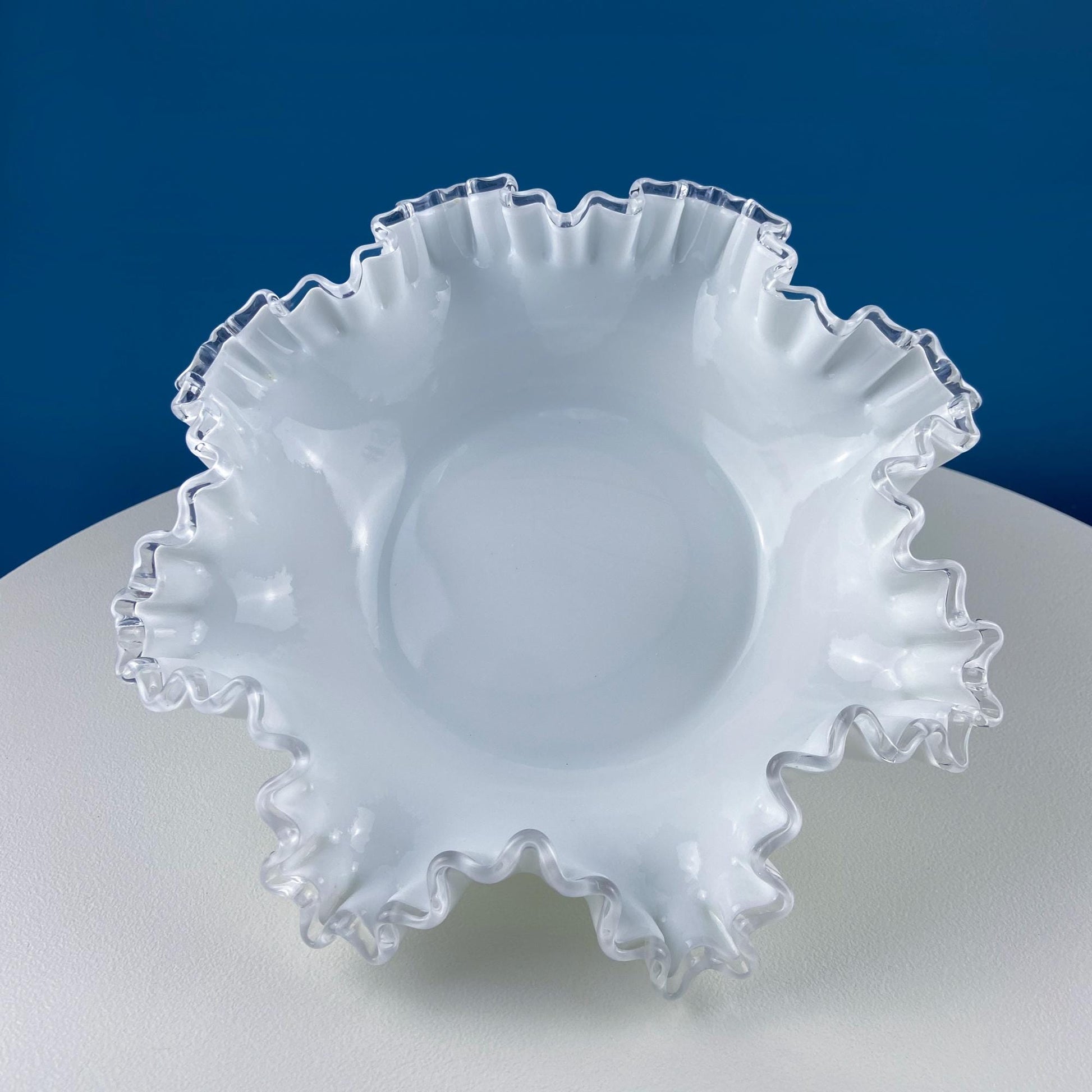 Large Silvercrest Bowl with Ruffled Edge. White Glass Fruit Bowl or Serving Dish with Clear Brim. Table Centerpiece. Wedding Gift. - Tampa Home & Garden Store