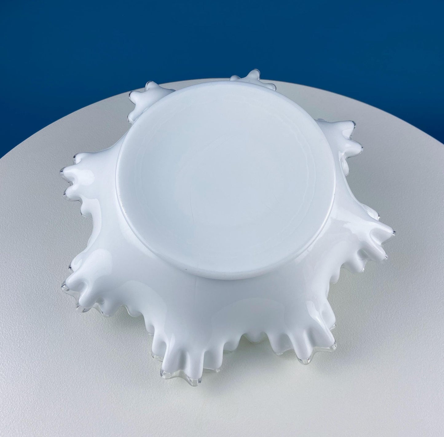 Large Silvercrest Bowl with Ruffled Edge. White Glass Fruit Bowl or Serving Dish with Clear Brim. Table Centerpiece. Wedding Gift. - Tampa Home & Garden Store