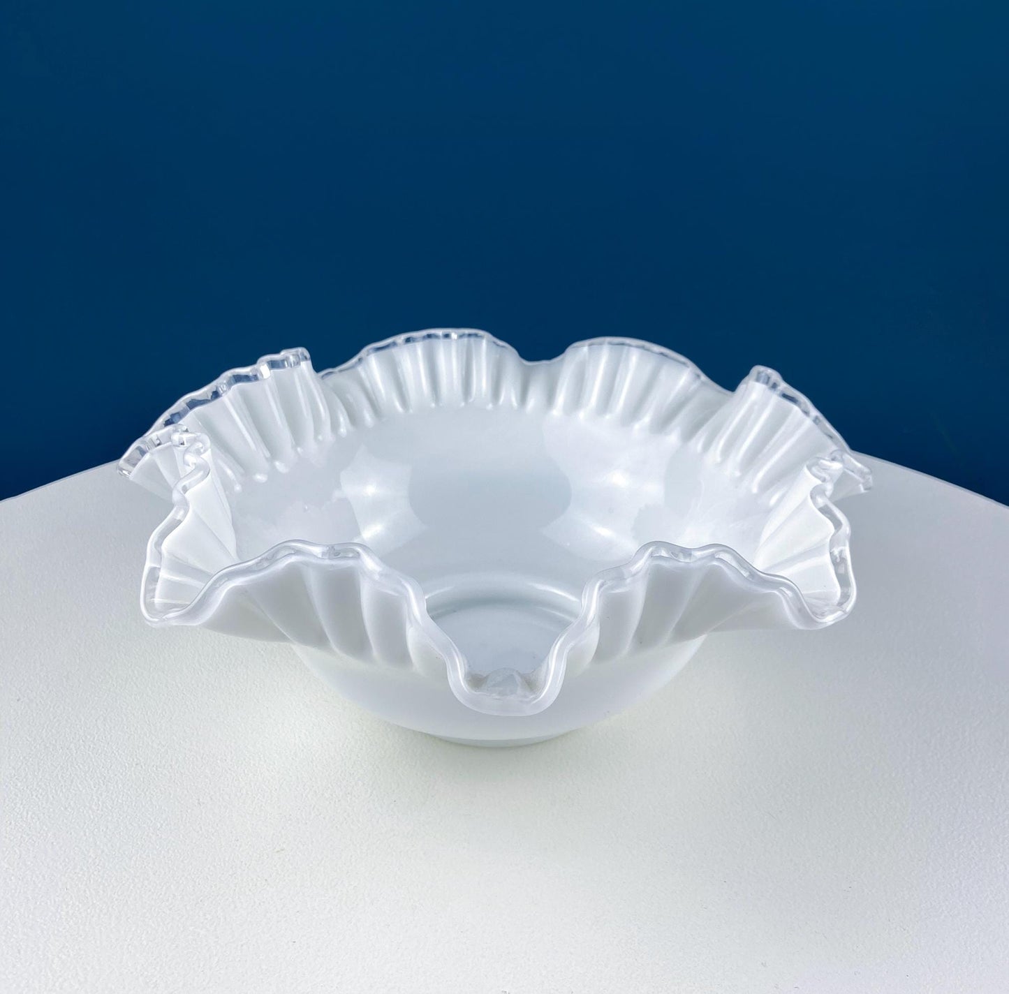 Large Silvercrest Bowl with Ruffled Edge. White Glass Fruit Bowl or Serving Dish with Clear Brim. Table Centerpiece. Wedding Gift. - Tampa Home & Garden Store