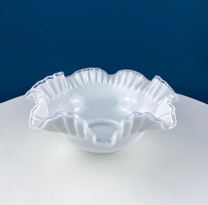 Large Silvercrest Bowl with Ruffled Edge. White Glass Fruit Bowl or Serving Dish with Clear Brim. Table Centerpiece. Wedding Gift. - Tampa Home & Garden Store