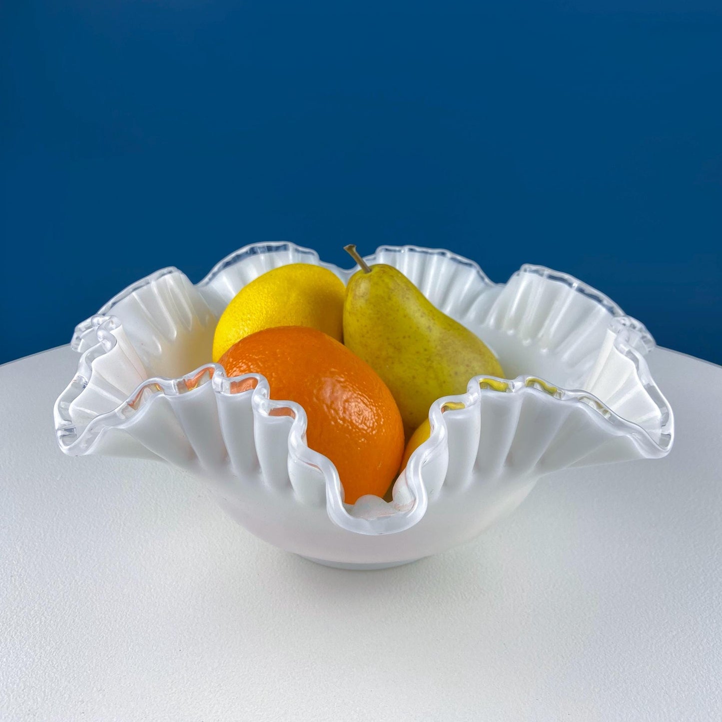 Large Silvercrest Bowl with Ruffled Edge. White Glass Fruit Bowl or Serving Dish with Clear Brim. Table Centerpiece. Wedding Gift. - Tampa Home & Garden Store