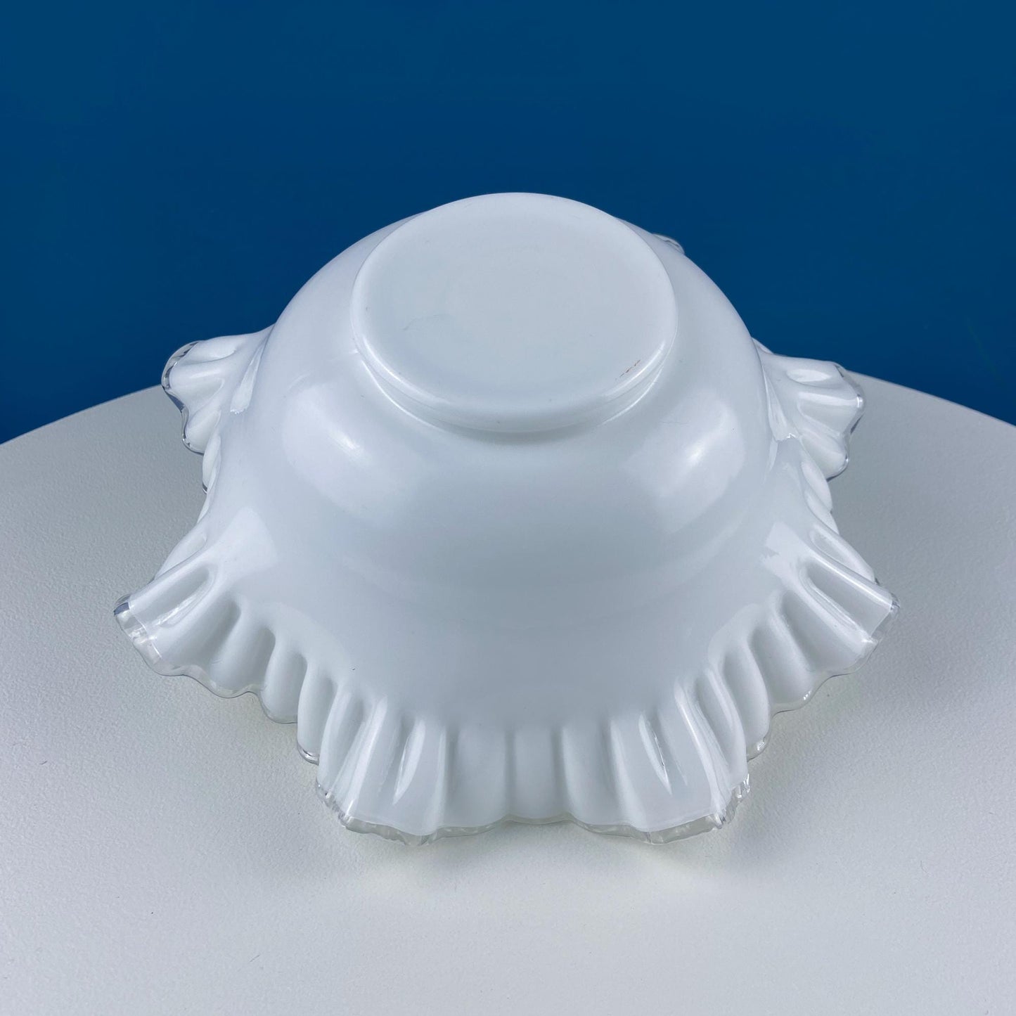 Large Silvercrest Bowl with Ruffled Edge. White Glass Fruit Bowl or Serving Dish with Clear Brim. Table Centerpiece. Wedding Gift. - Tampa Home & Garden Store