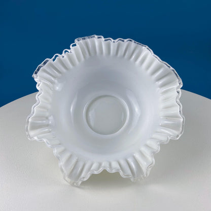 Large Silvercrest Bowl with Ruffled Edge. White Glass Fruit Bowl or Serving Dish with Clear Brim. Table Centerpiece. Wedding Gift. - Tampa Home & Garden Store