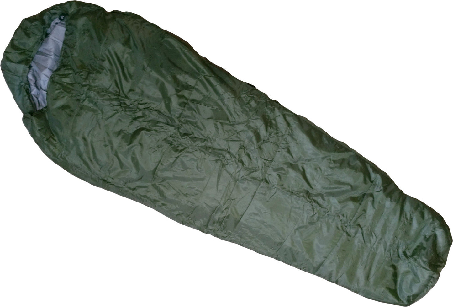 Sleeping bag River Country Gear olive green with gray interior lining laid flat on Tampa Home & Garden Store