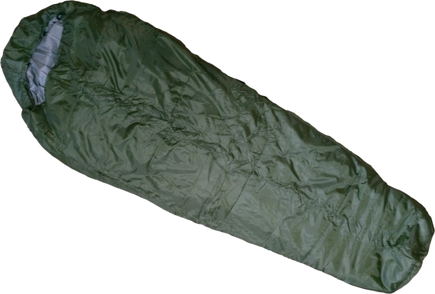Sleeping bag River Country Gear olive green with gray interior lining laid flat on Tampa Home & Garden Store