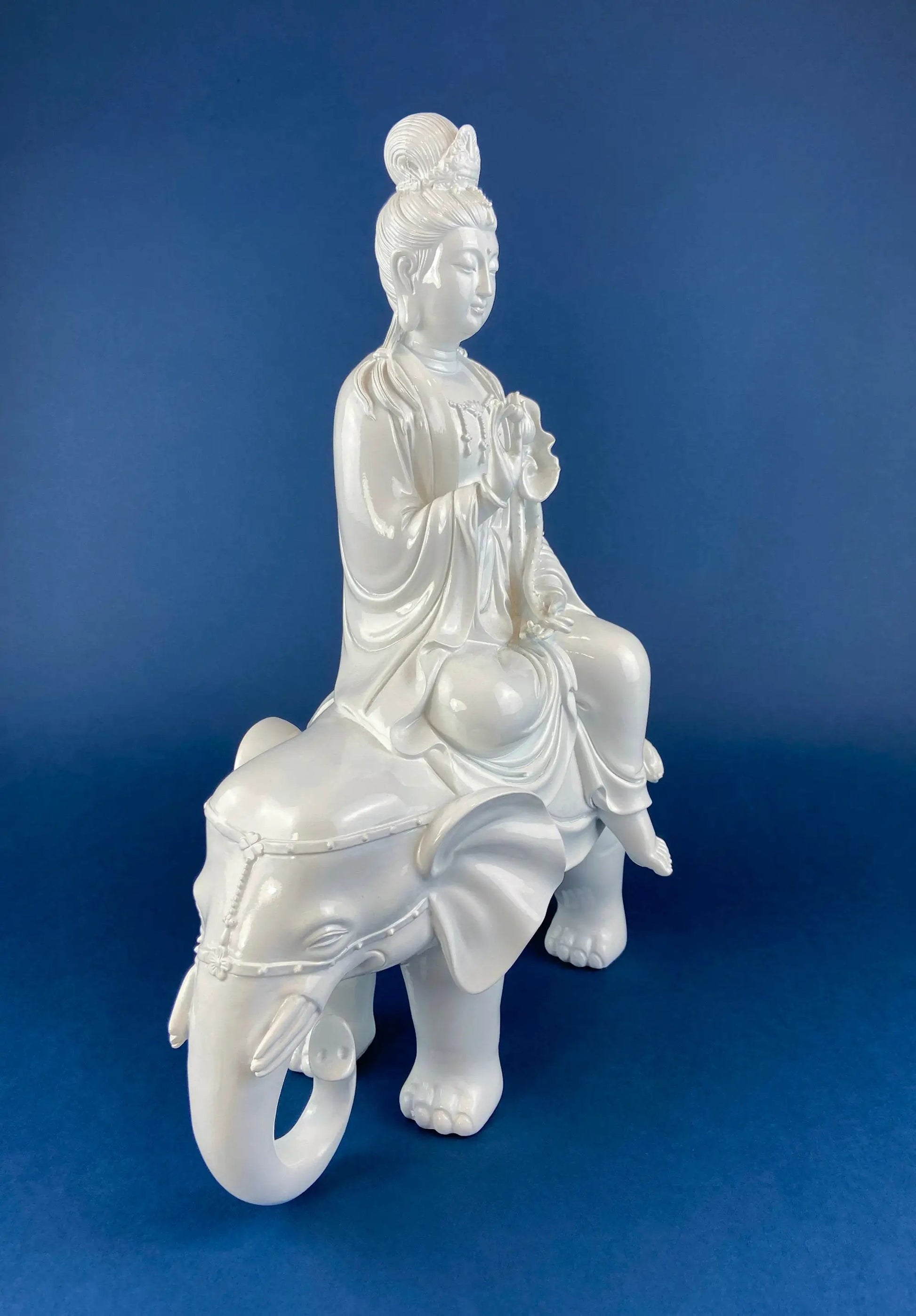 White Buddha Samantabhadra figurine on elephant, seated with lotus on Tampa Home & Garden Store