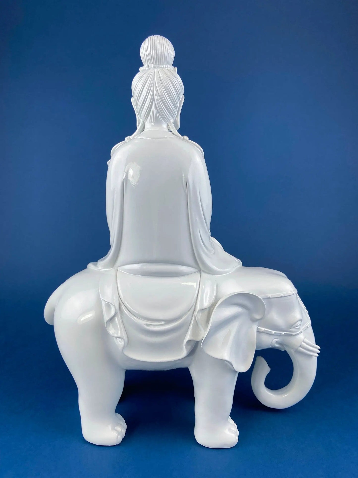 White Buddha Samantabhadra figurine on elephant, back view, glossy ceramic statuette on Tampa Home & Garden Store
