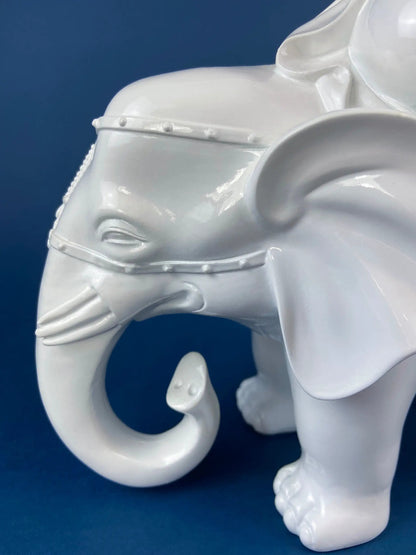 White Buddha Samantabhadra on Elephant figurine, glossy white ceramic with bead-trim headband on Tampa Home & Garden Store