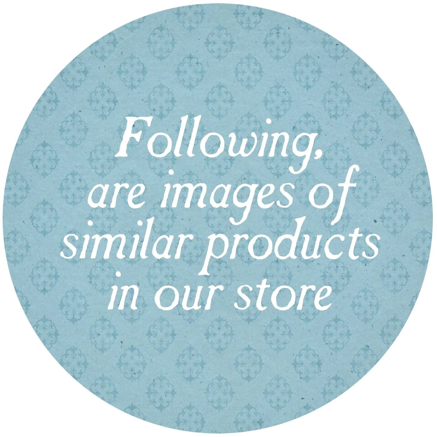 Figurines watermark: blue circular label with damask pattern and white script text on Tampa Home & Garden Store
