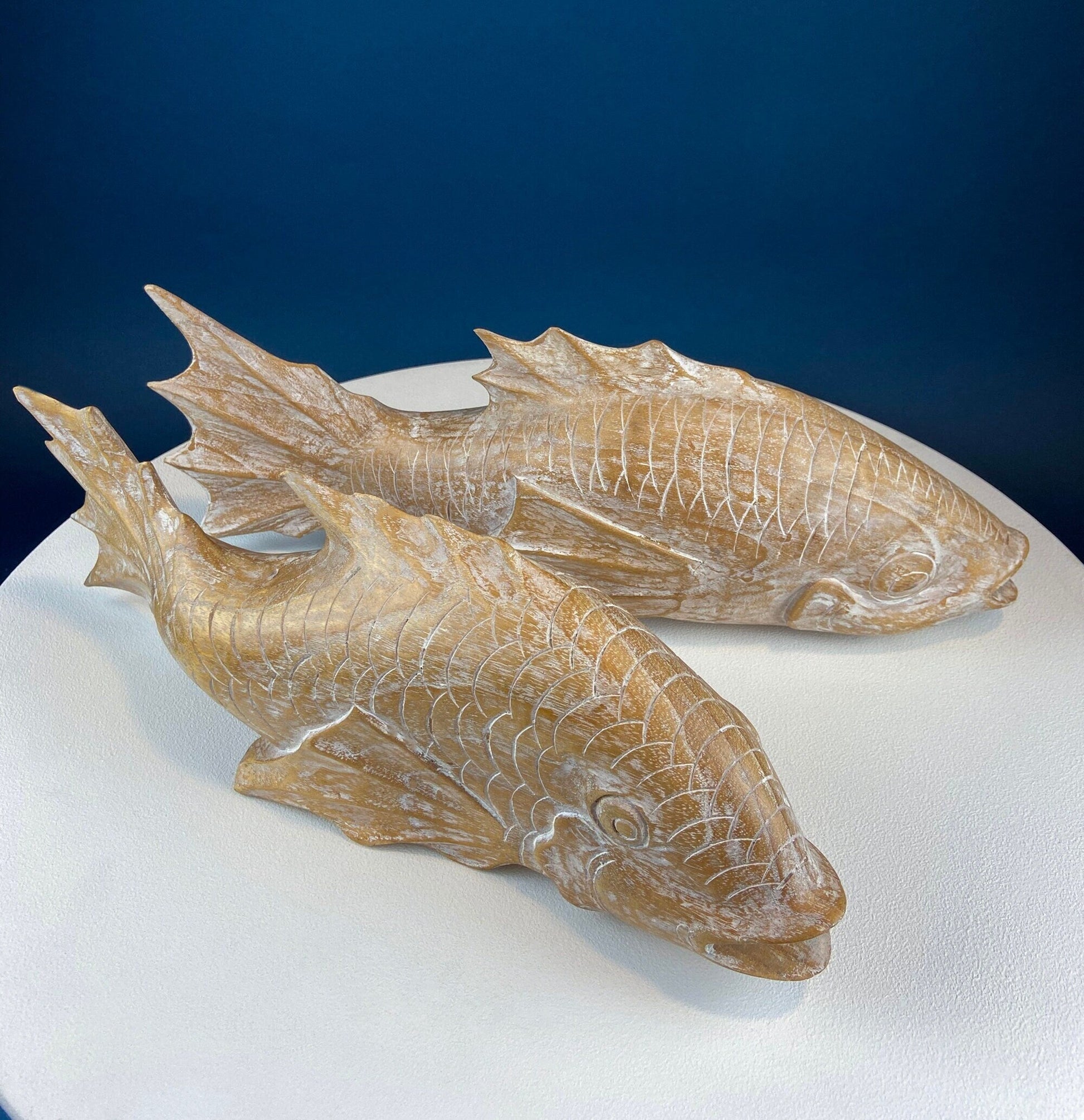 Large Whitewashed Wooden Koi Fish Figurines. Set of Two Fish Sculptures for Tropical Retreat, Second Vacation Home. Gift for Dad, Fisherman. - Tampa Home & Garden Store