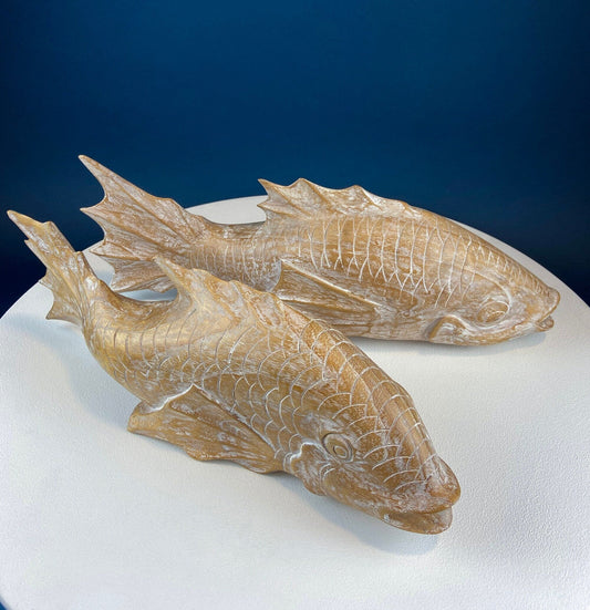 Large Whitewashed Wooden Koi Fish Figurines. Set of Two Fish Sculptures for Tropical Retreat, Second Vacation Home. Gift for Dad, Fisherman. - Tampa Home & Garden Store