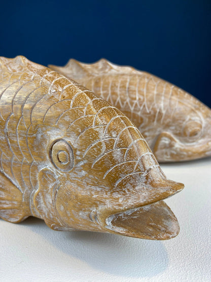 Large Whitewashed Wooden Koi Fish Figurines. Set of Two Fish Sculptures for Tropical Retreat, Second Vacation Home. Gift for Dad, Fisherman. - Tampa Home & Garden Store
