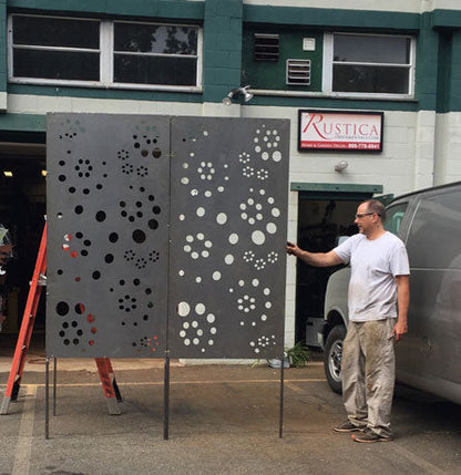 Metal privacy screen by Rustica Ornamentals, dark gray with circular cutouts, 46-inch size on Tampa Home & Garden Store