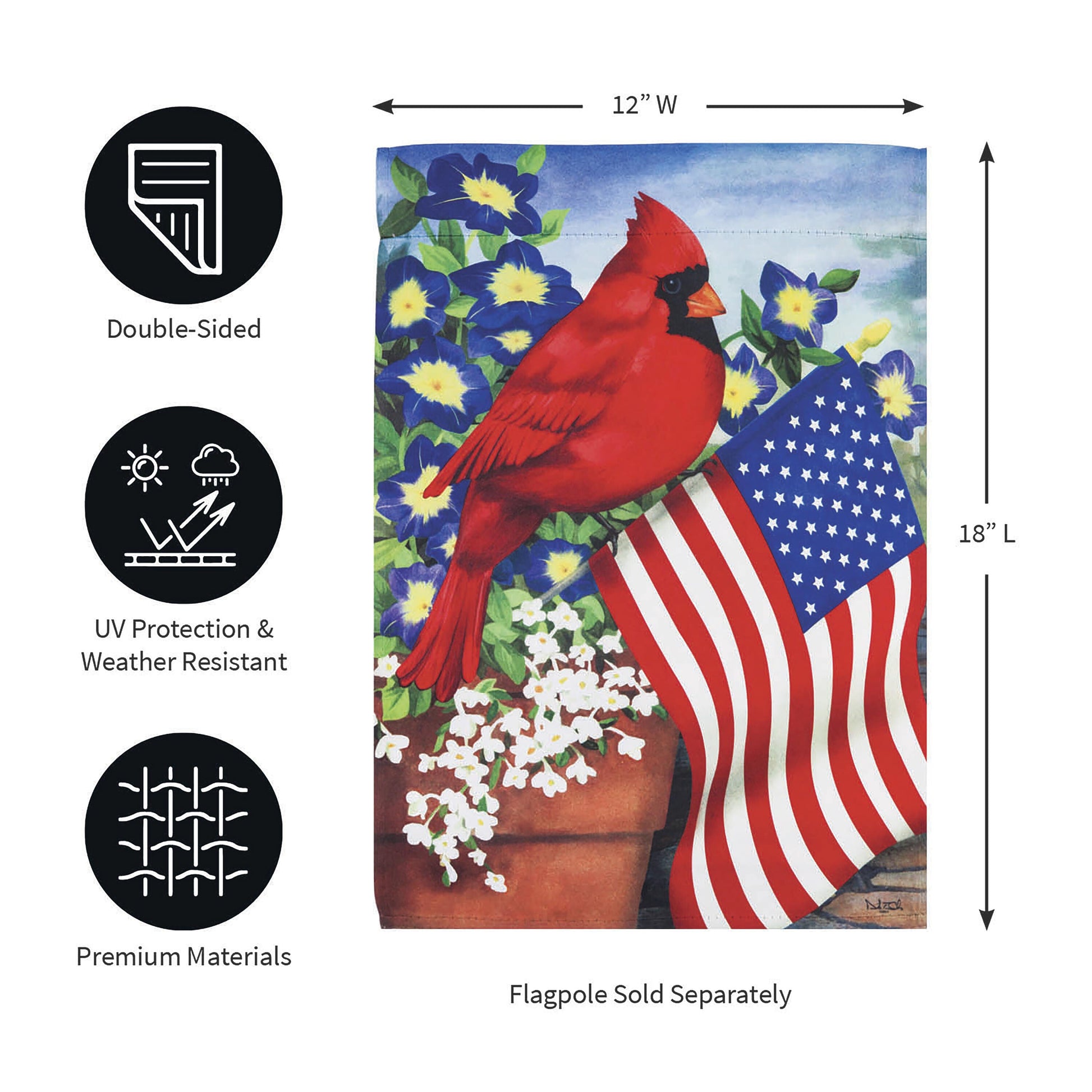 Cardinal Glory Suede Garden Flag by Evergreen Enterprises, double-sided on Tampa Home & Garden Store