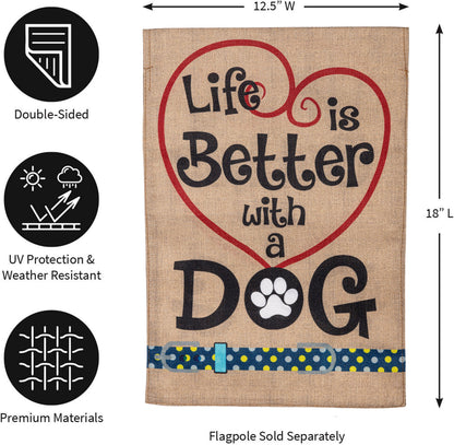 Life is Better with Dogs burlap garden flag with red heart swirl and paw print on Tampa Home & Garden Store