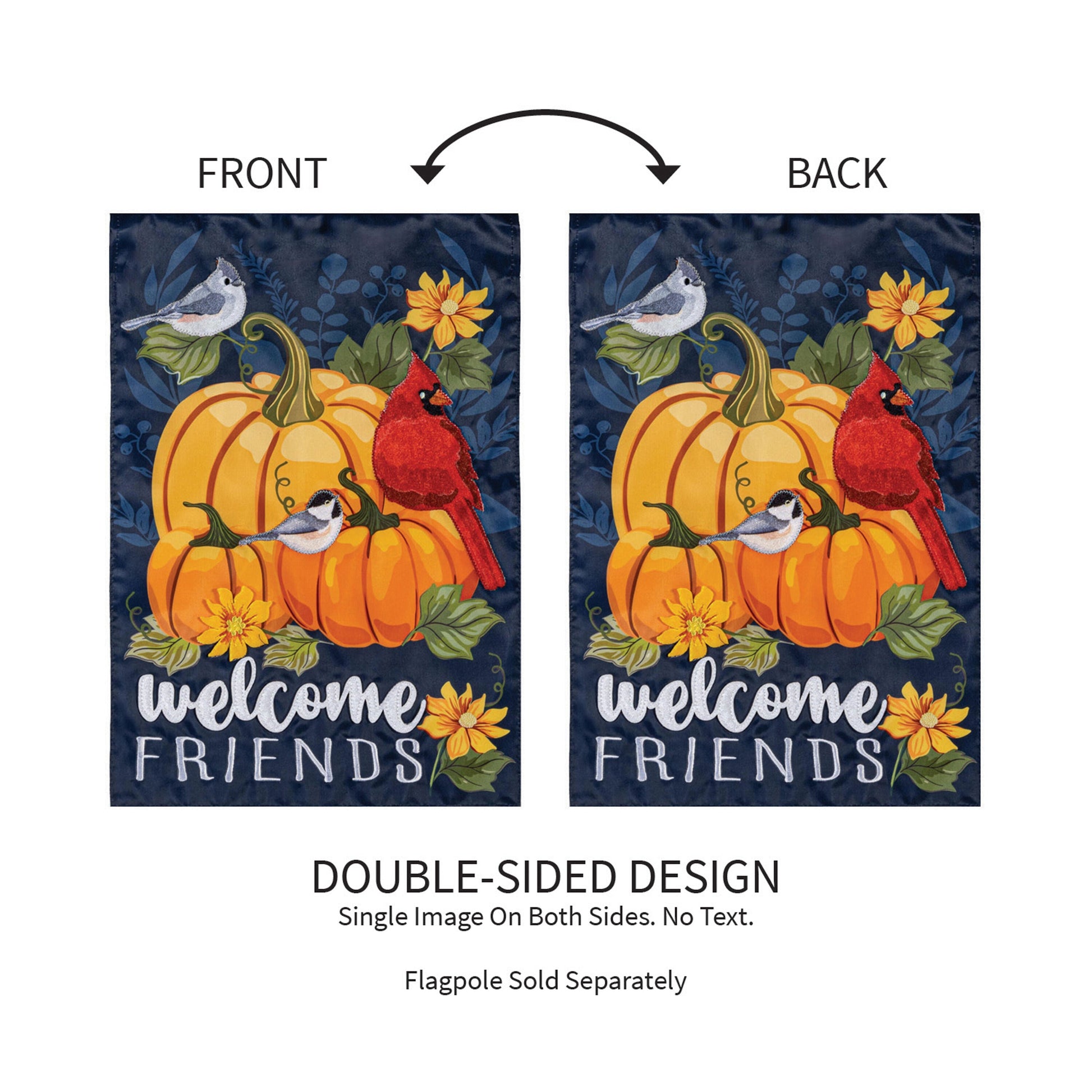 Applique garden flag Welcome Friends of Fall with pumpkins and birds; double-sided by Evergreen on Tampa Home & Garden Store