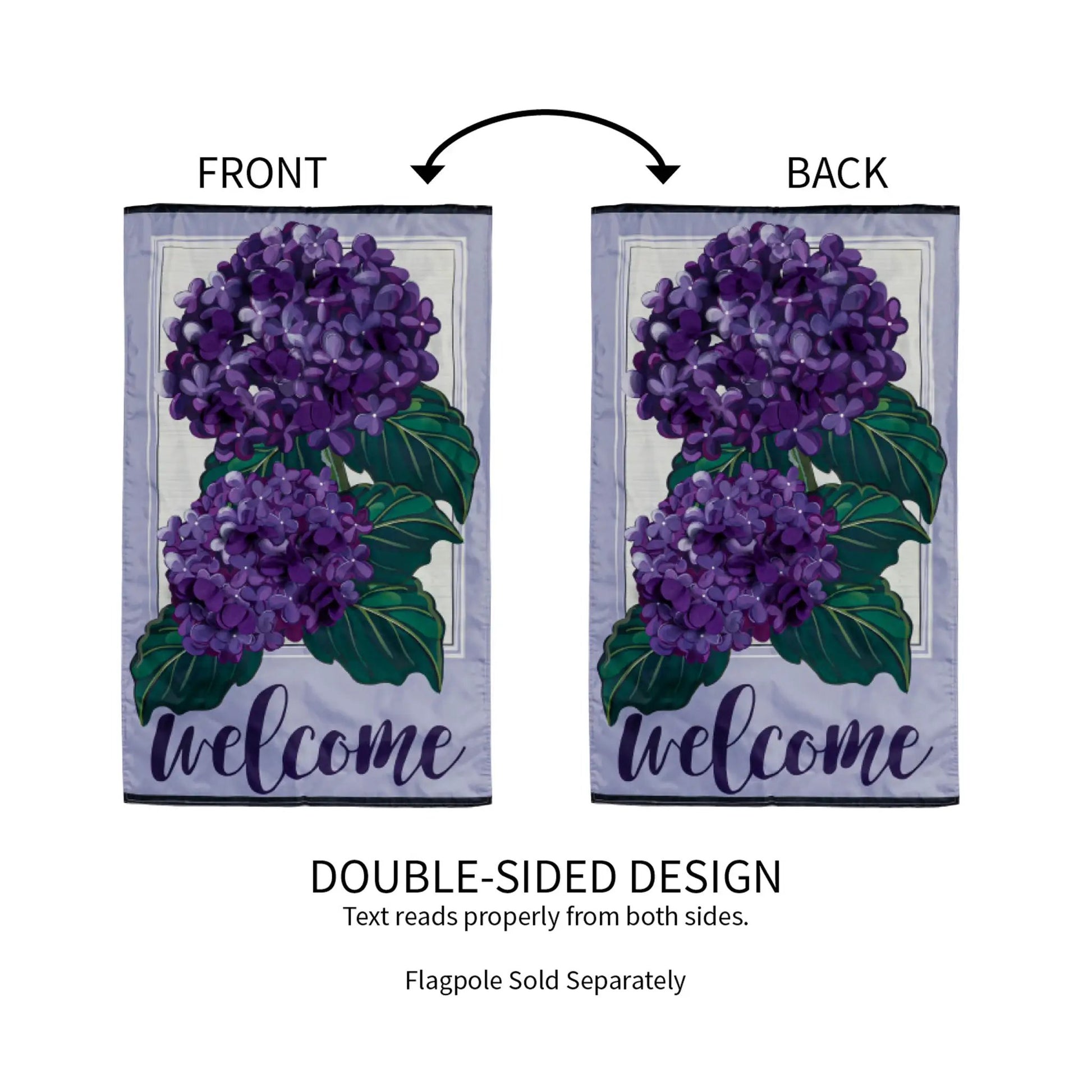 Hydrangea Welcome House applique flags, two, purple blooms, by Evergreen, double-sided on Tampa Home & Garden Store