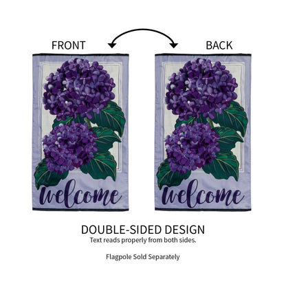 Hydrangea Welcome House applique flags, two, purple blooms, by Evergreen, double-sided on Tampa Home & Garden Store