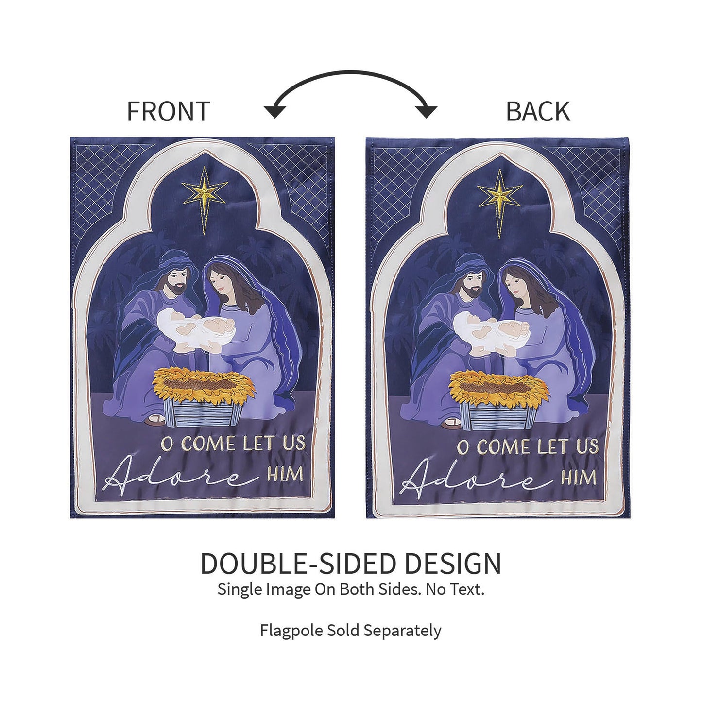Come Let Us Adore Him Applique Garden Flags: two navy nativity flags, with gold accents on Tampa Home & Garden Store