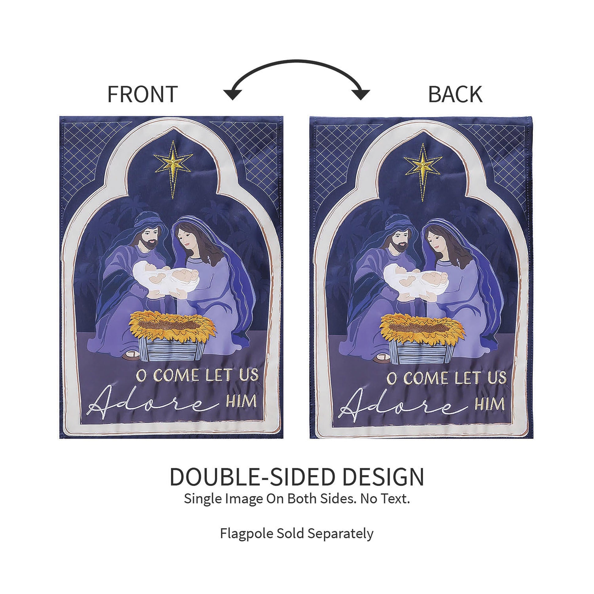 Come Let Us Adore Him Applique Garden Flags: two navy nativity flags, with gold accents on Tampa Home & Garden Store