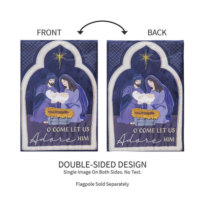 Come Let Us Adore Him Applique Garden Flags: two navy nativity flags, with gold accents on Tampa Home & Garden Store