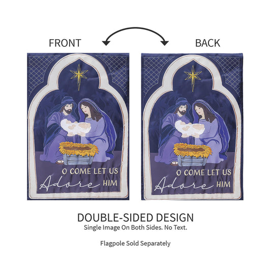 Come Let Us Adore Him Applique Garden Flags: two navy nativity flags, with gold accents on Tampa Home & Garden Store