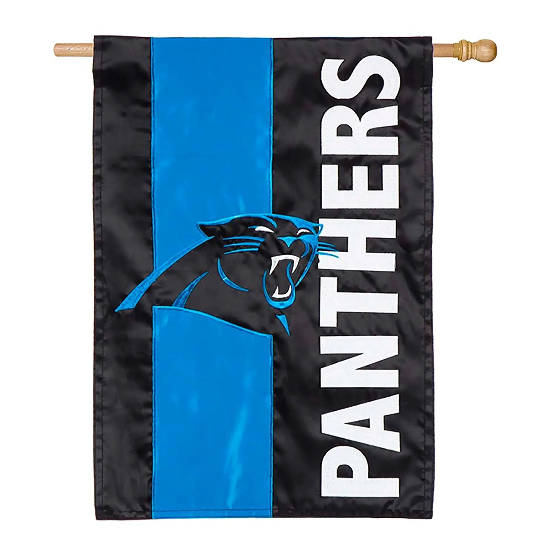 Double Sided Carolina Panthers Applique Flag on wood pole in black blue Evergreen Enterprises on Tampa Home & Garden Store