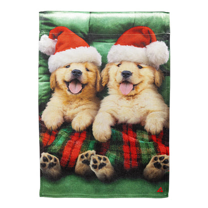 Cozy Goldies Lustre Garden Flag with golden retriever puppies in Santa hats on green background on Tampa Home & Garden Store
