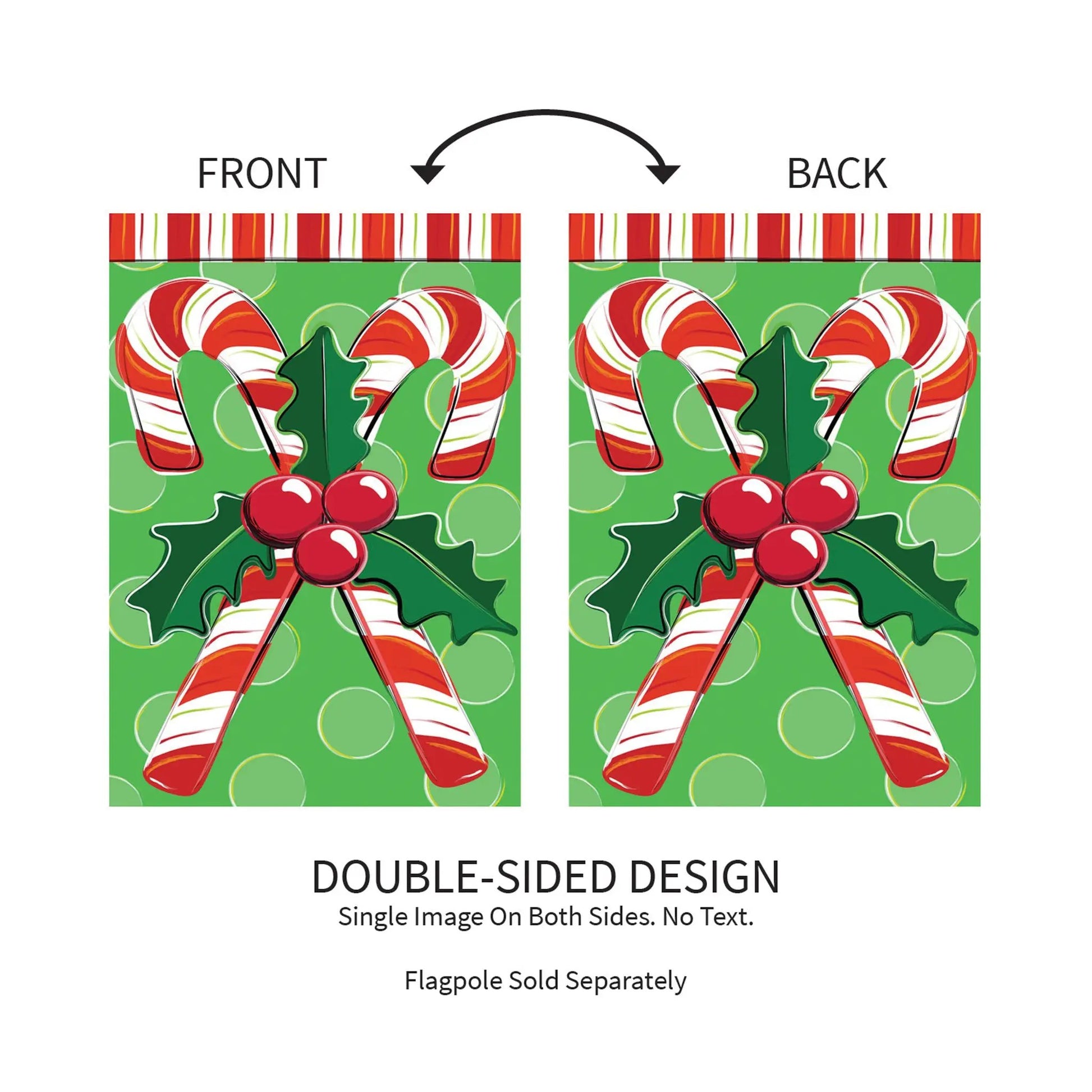 Candy Cane Christmas Garden Flag Evergreen, double sided design with a green background on Tampa Home & Garden Store