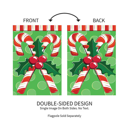 Candy Cane Christmas Garden Flag Evergreen, double sided design with a green background on Tampa Home & Garden Store