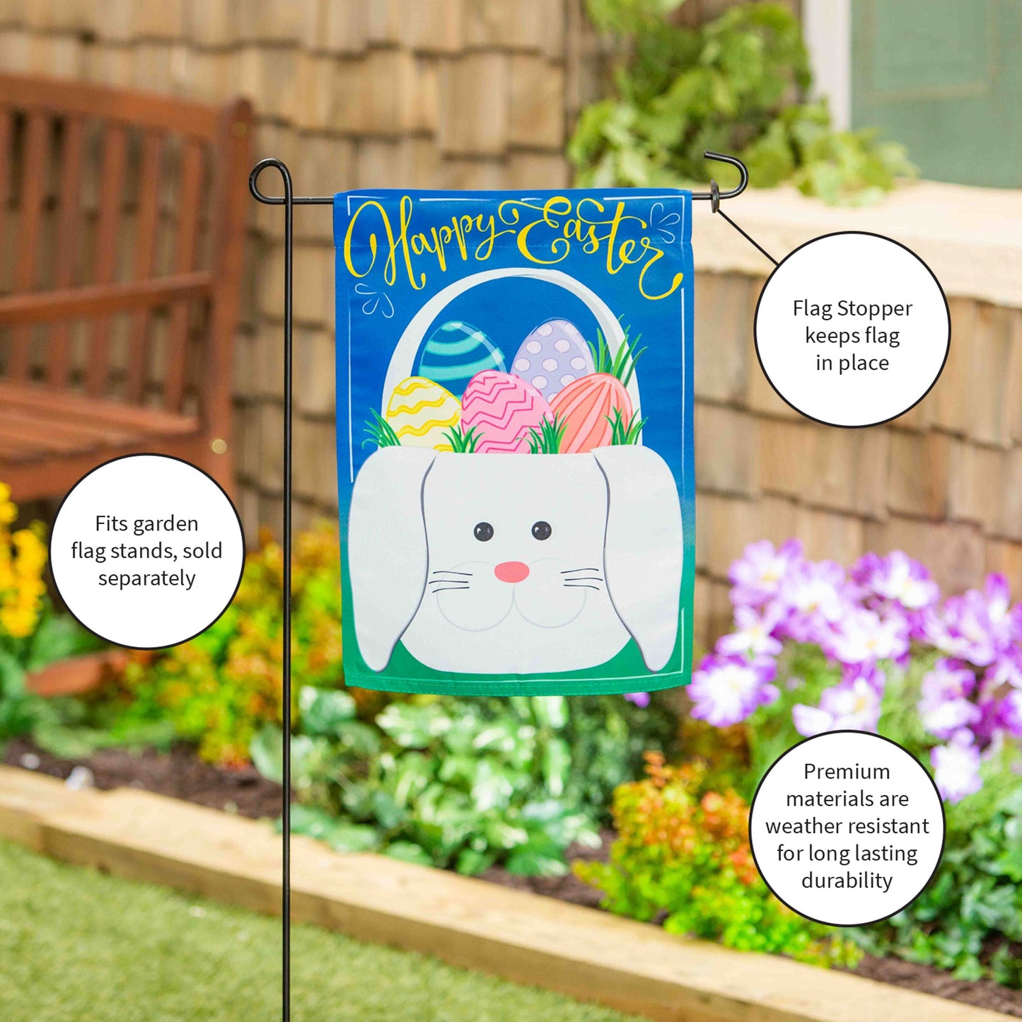 Seasonal suede garden flag set of 8, whimsical Easter flags on a metal stand on Tampa Home & Garden Store