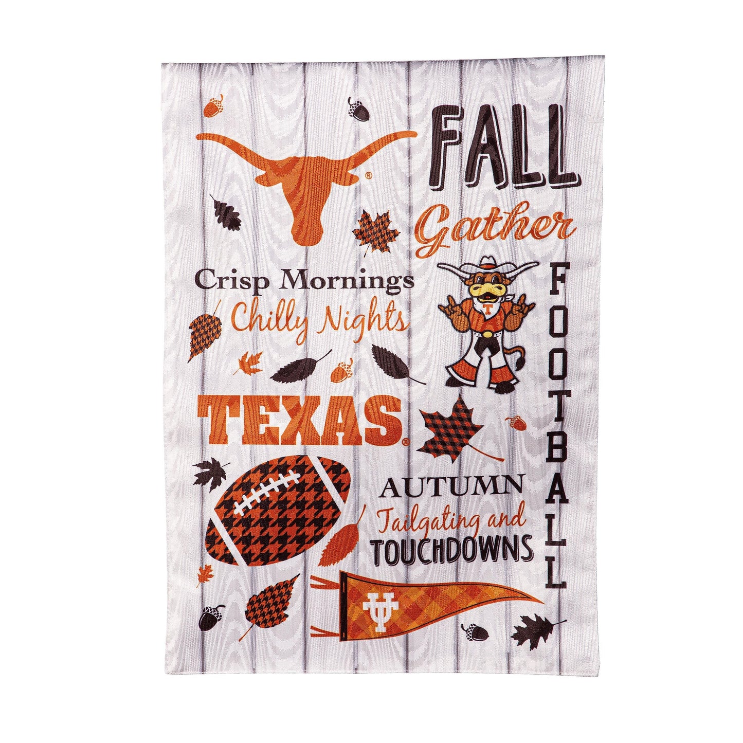 Moire Flag University of Texas autumn motif with Longhorn orange leaves on wood background on Tampa Home & Garden Store