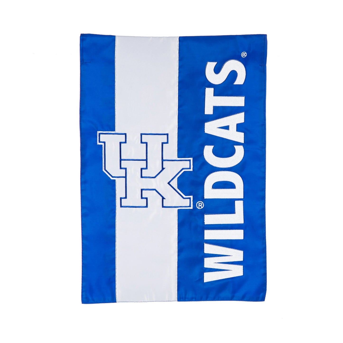 University of Kentucky embellished garden flag, blue and white vertical applique with bold white letters, Evergreen Enterprises on Tampa Home & Garden Store