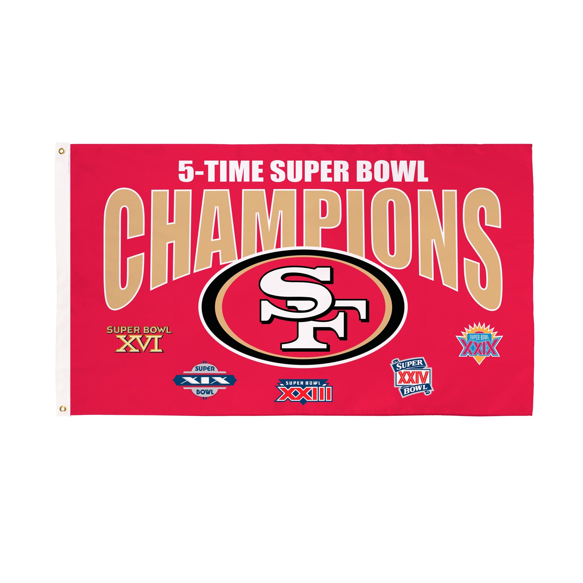 Red San Francisco 49ers 3x5 champions flag with CHAMPIONS lettering, team logo, and Super Bowl logos on Tampa Home & Garden Store