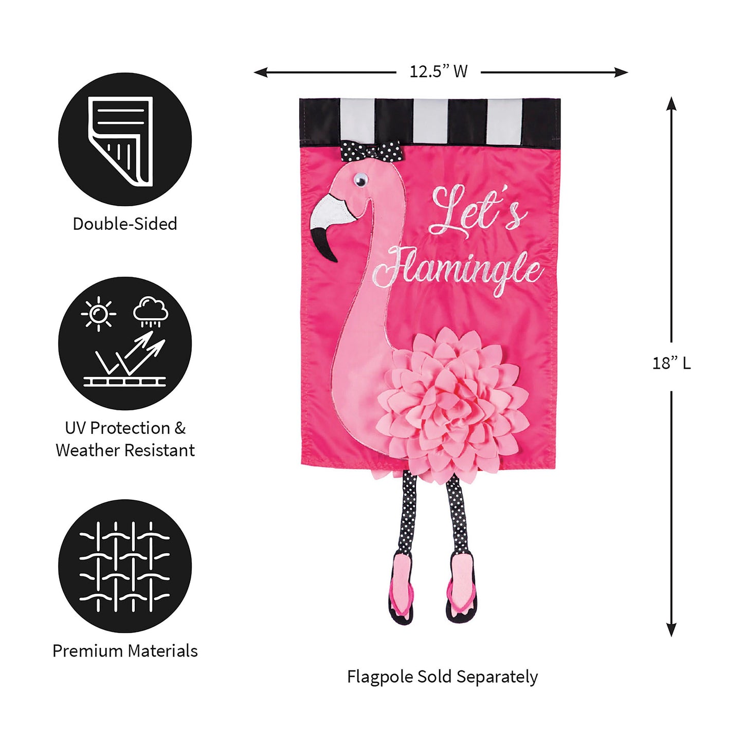 Let's Flamingle Garden Applique Flag pink flamingo with bow and top border double-sided on Tampa Home & Garden Store