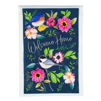Welcome Home Songbirds Applique Garden Flag navy with flowers and bird Tampa Home & Garden Store on Tampa Home & Garden Store