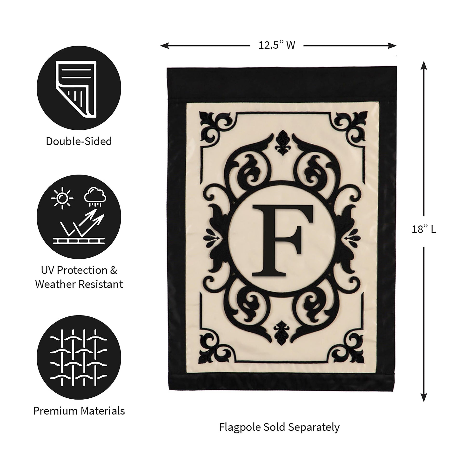Cambridge Monogram Applique Flag Letter F beige with black crest and border Evergreen Enterprises on Tampa Home & Garden Store