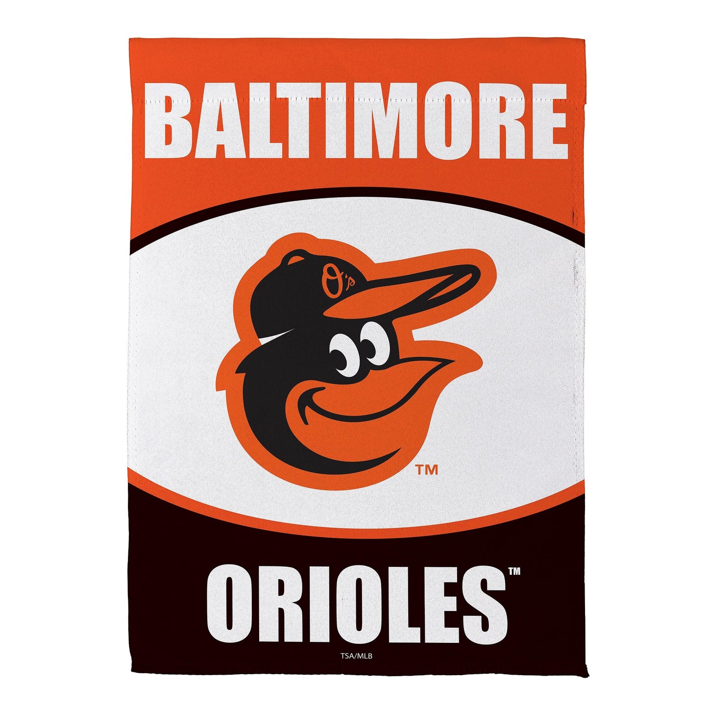 Baltimore Orioles suede flag orange field with white BALTIMORE lettering and logo Evergreen on Tampa Home & Garden Store