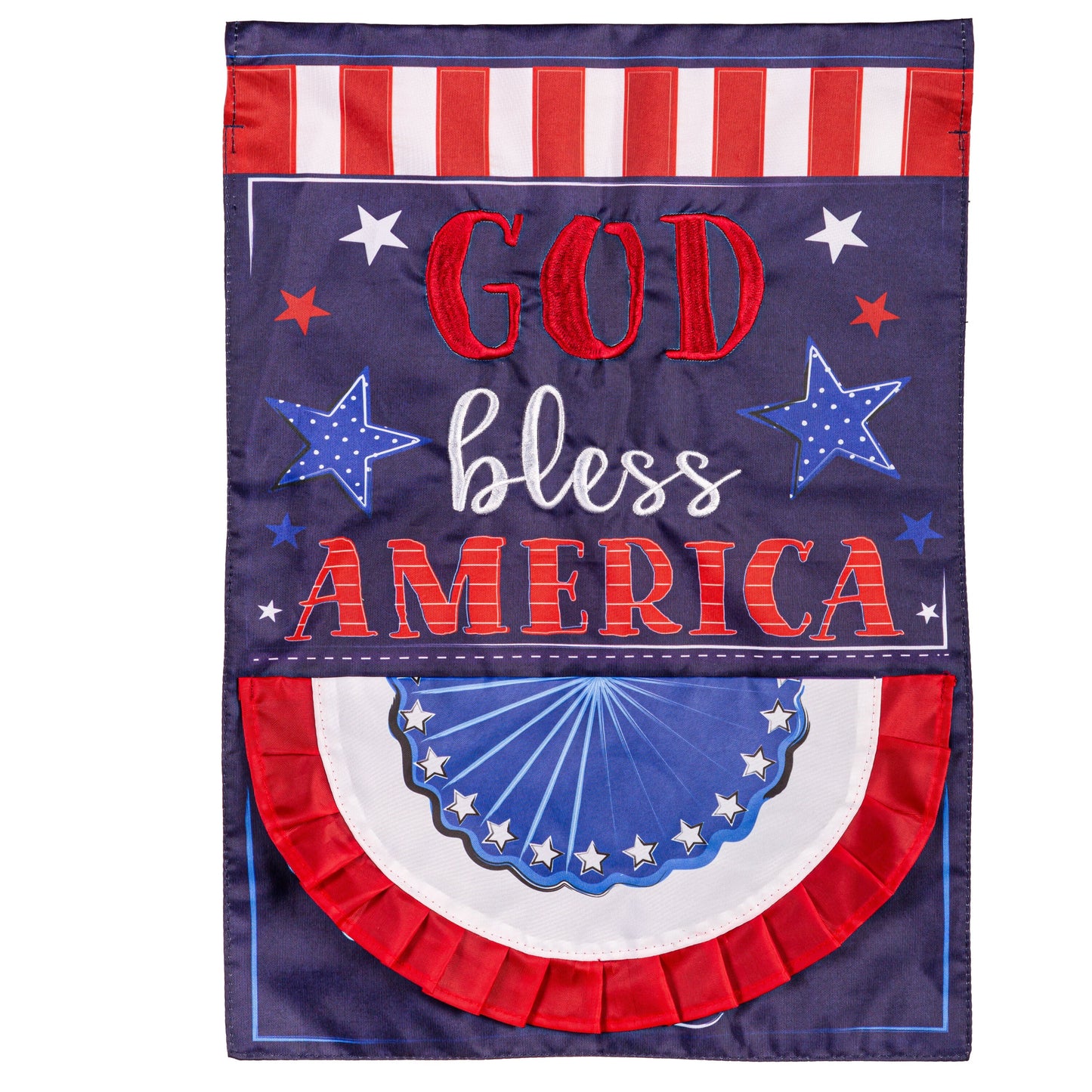 Patriotic God Bless America applique garden flag with red GOD and white bless on navy field stars on Tampa Home & Garden Store
