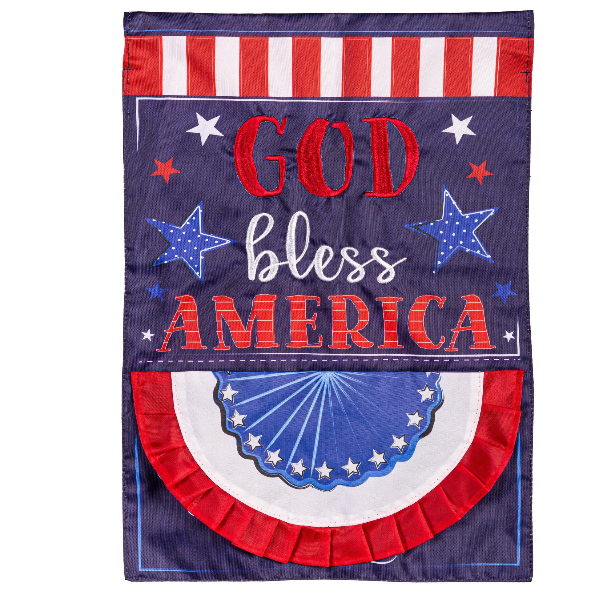 Patriotic God Bless America applique garden flag with red GOD and white bless on navy field stars on Tampa Home & Garden Store