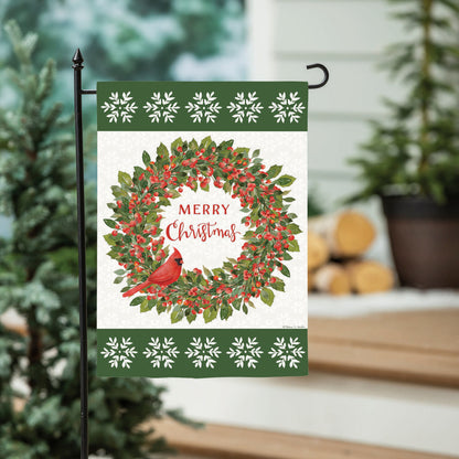 Moire Garden Flag: Christmas cardinal wreath with red berries on green border and snowflakes on Tampa Home & Garden Store