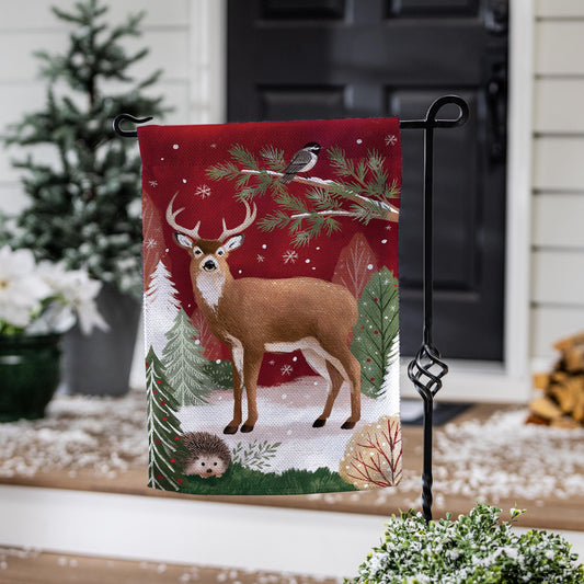 Woodland Storybook Reindeer Burlap Garden Flag red with pine branches on Tampa Home & Garden Store