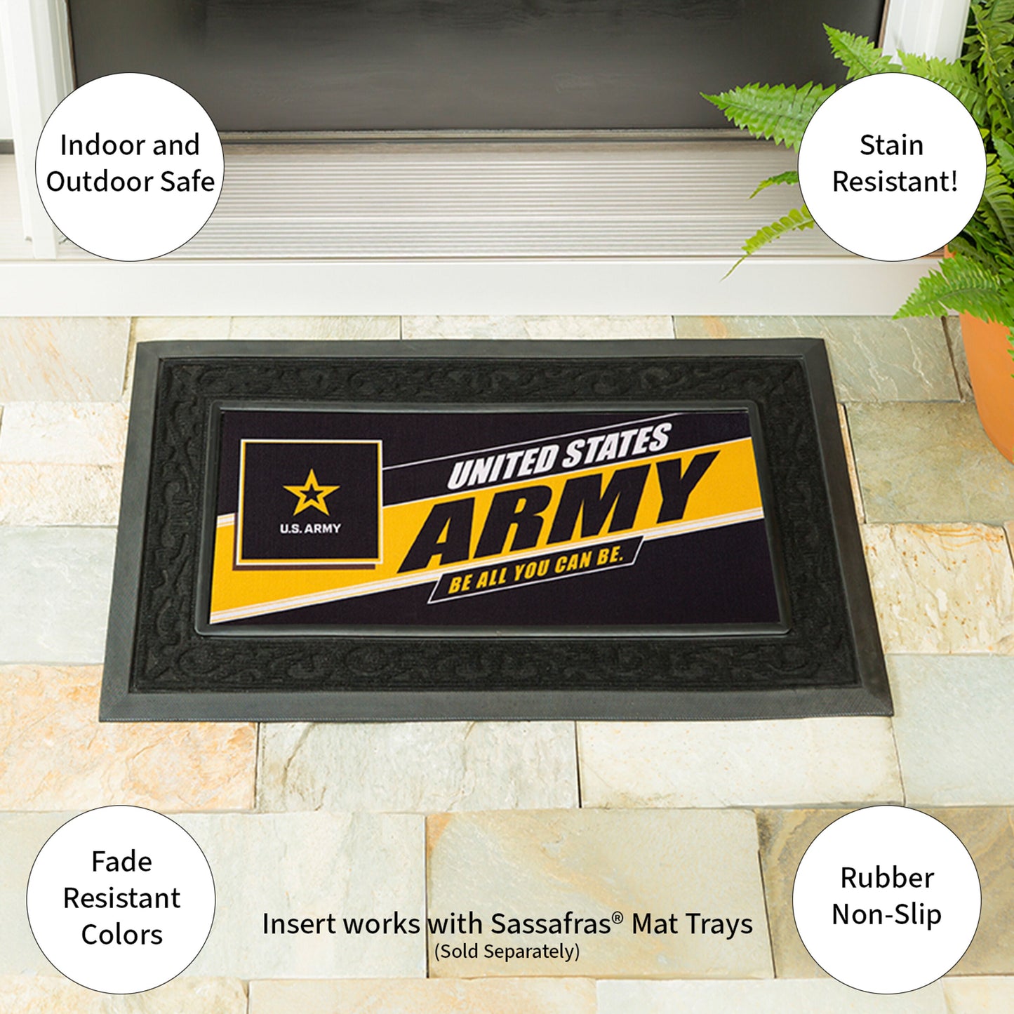 Sassafras Army burlap flag door mat with bold United States Army graphic on Tampa Home & Garden Store