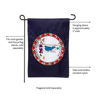 Virginia State Flag garden applique flag navy field with state seal; 2in hanging sleeve on Tampa Home & Garden Store