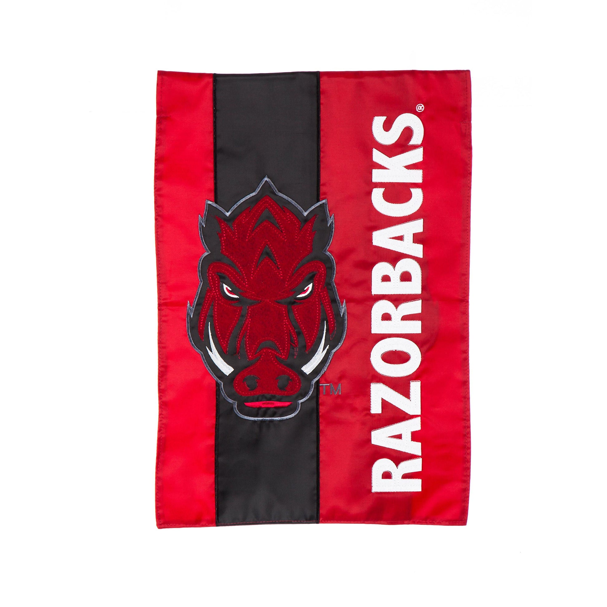 Garden flag University of Arkansas Embellish red with black center stripe and Razorbacks on Tampa Home & Garden Store